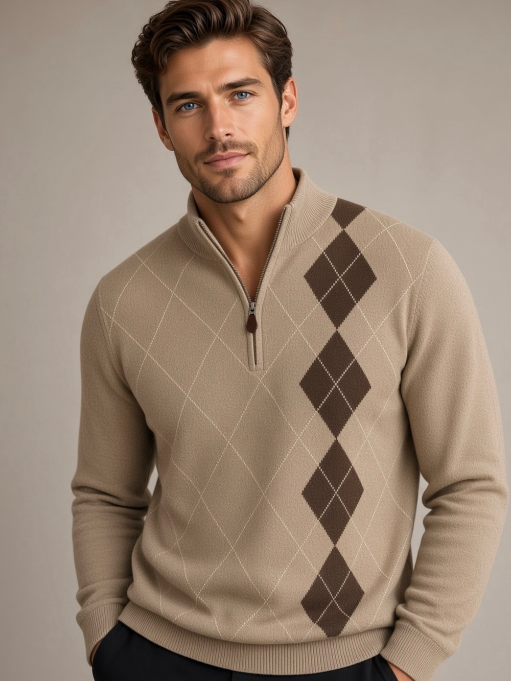 Walter Hagan Mens Sweater Large tan brown Argyle 1/4 Zip Golf 100% Cotton